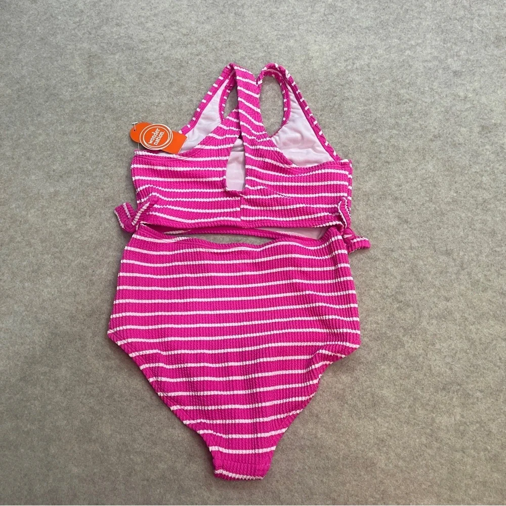 Wonder Nation Pink White Stripes Ribbed Cutout Bow Tie Sides Swimsuit Girls size